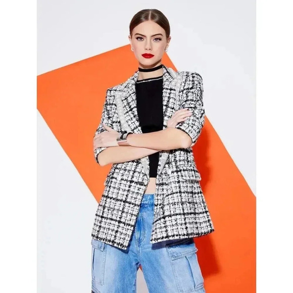 $895 Alice + Olivia Justin White Tweed Big Pearls Embellished Blazer Sz 0 - Picture 1 of 16